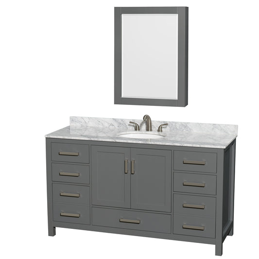 60 inch Single Bathroom Vanity in Dark Gray, White Carrara Marble Countertop, Undermount Oval Sink, and Medicine Cabinet - Luxe Bathroom Vanities Luxury Bathroom Fixtures Bathroom Furniture