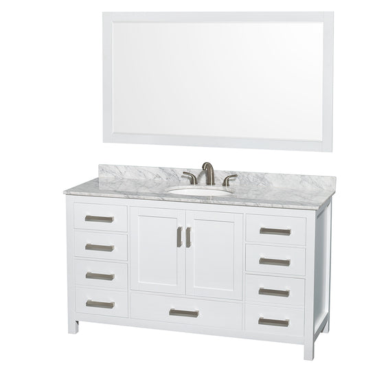60 inch Single Bathroom Vanity in White, White Carrara Marble Countertop, Undermount Oval Sink, and 58 inch Mirror - Luxe Bathroom Vanities Luxury Bathroom Fixtures Bathroom Furniture