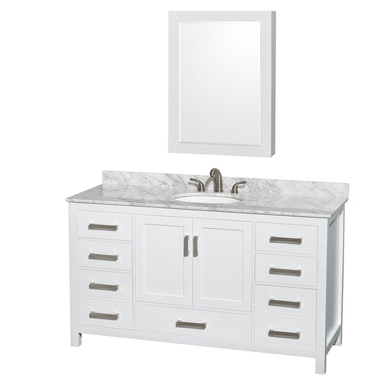 60 inch Single Bathroom Vanity in White, White Carrara Marble Countertop, Undermount Oval Sink, and Medicine Cabinet - Luxe Bathroom Vanities Luxury Bathroom Fixtures Bathroom Furniture