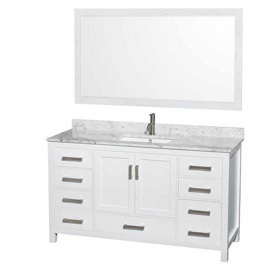 60 inch Single Bathroom Vanity in White, White Carrara Marble Countertop, Undermount Square Sink, and 58 inch Mirror - Luxe Bathroom Vanities Luxury Bathroom Fixtures Bathroom Furniture