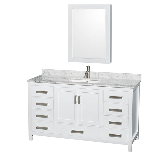 60 inch Single Bathroom Vanity in White, White Carrara Marble Countertop, Undermount Square Sink, and Medicine Cabinet - Luxe Bathroom Vanities Luxury Bathroom Fixtures Bathroom Furniture