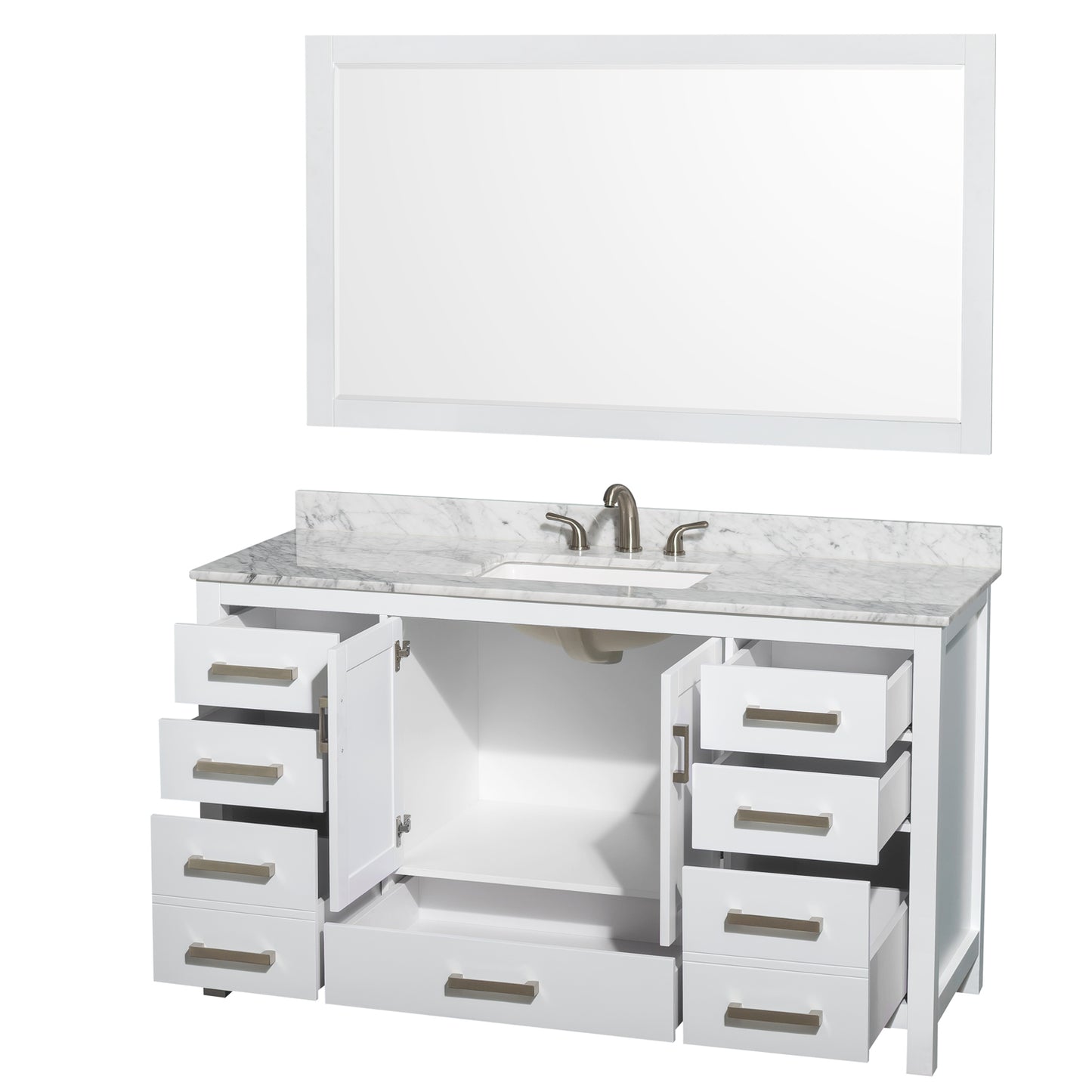 60 Inch Single Bathroom Vanity in White, White Carrara Marble Countertop, Undermount 3-Hole Square Sink, 58 Inch Mirror - Luxe Bathroom Vanities Luxury Bathroom Fixtures Bathroom Furniture