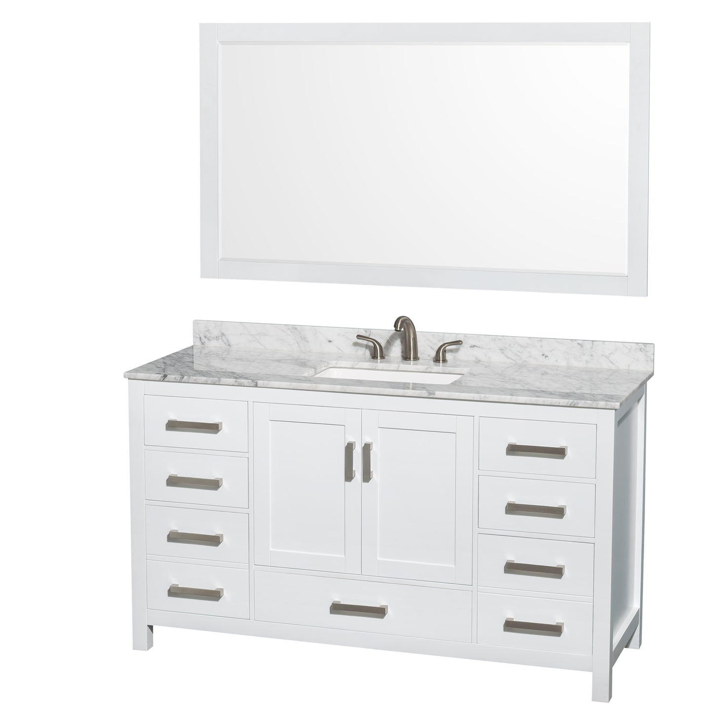 60 Inch Single Bathroom Vanity in White, White Carrara Marble Countertop, Undermount 3-Hole Square Sink, 58 Inch Mirror - Luxe Bathroom Vanities Luxury Bathroom Fixtures Bathroom Furniture