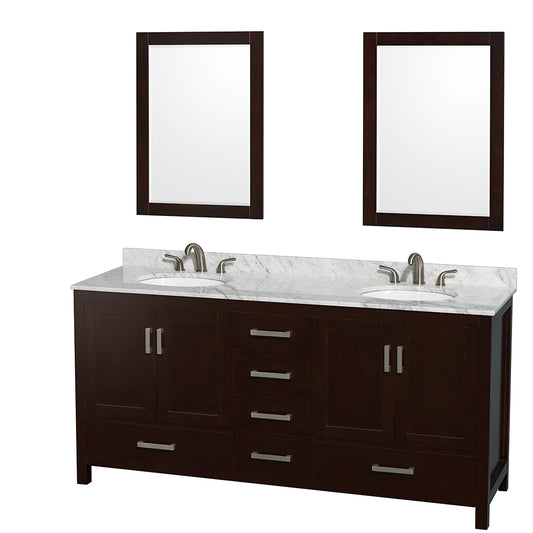 72 inch Double Bathroom Vanity in Espresso, White Carrara Marble Countertop, Undermount Oval Sinks, and 24 inch Mirrors - Luxe Bathroom Vanities Luxury Bathroom Fixtures Bathroom Furniture