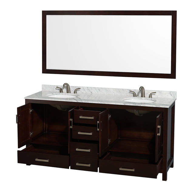 72 inch Double Bathroom Vanity in Espresso, White Carrara Marble Countertop, Undermount Oval Sinks, and 70 inch Mirror - Luxe Bathroom Vanities Luxury Bathroom Fixtures Bathroom Furniture