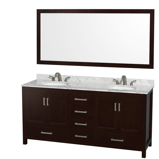 72 inch Double Bathroom Vanity in Espresso, White Carrara Marble Countertop, Undermount Oval Sinks, and 70 inch Mirror - Luxe Bathroom Vanities Luxury Bathroom Fixtures Bathroom Furniture