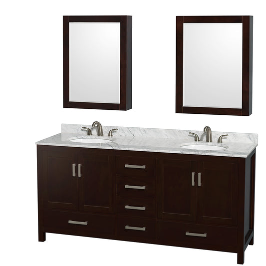 72 inch Double Bathroom Vanity in Espresso, White Carrara Marble Countertop, Undermount Oval Sinks, and Medicine Cabinets - Luxe Bathroom Vanities Luxury Bathroom Fixtures Bathroom Furniture
