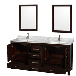 72 inch Double Bathroom Vanity in Espresso, White Carrara Marble Countertop, Undermount Square Sinks, and 24 inch Mirrors - Luxe Bathroom Vanities Luxury Bathroom Fixtures Bathroom Furniture