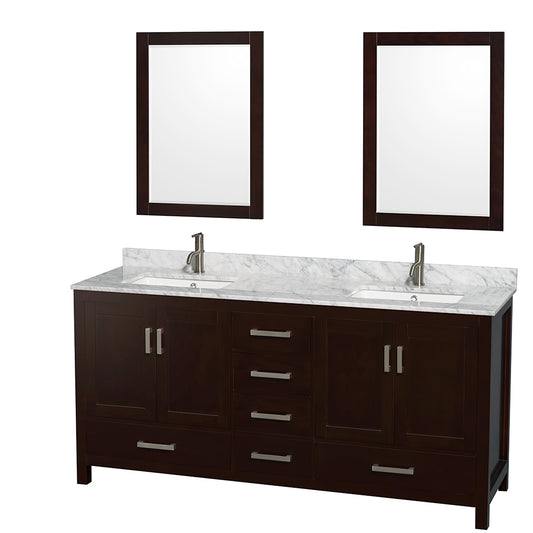 72 inch Double Bathroom Vanity in Espresso, White Carrara Marble Countertop, Undermount Square Sinks, and 24 inch Mirrors - Luxe Bathroom Vanities Luxury Bathroom Fixtures Bathroom Furniture