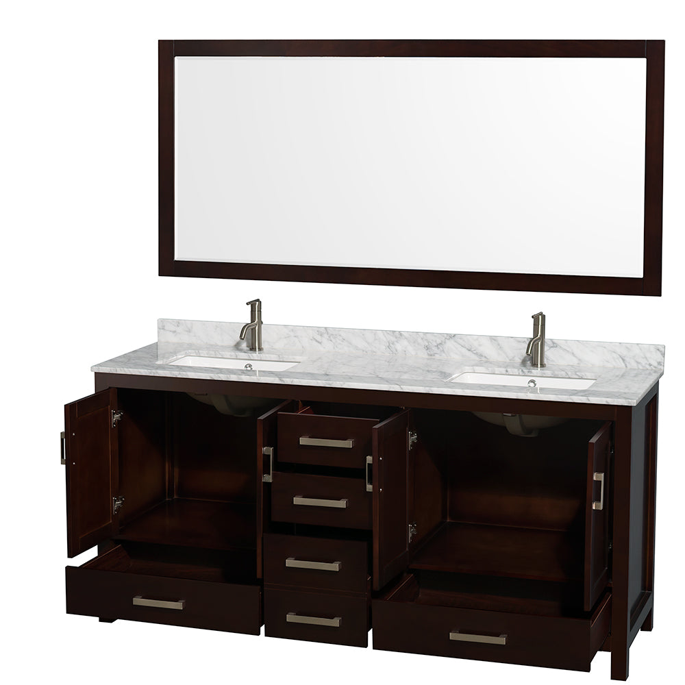 72 inch Double Bathroom Vanity in Espresso, White Carrara Marble Countertop, Undermount Square Sinks, and 70 inch Mirror - Luxe Bathroom Vanities Luxury Bathroom Fixtures Bathroom Furniture