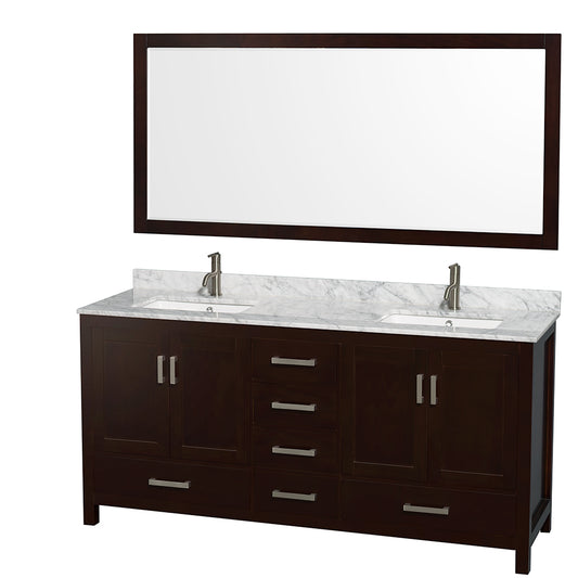 72 inch Double Bathroom Vanity in Espresso, White Carrara Marble Countertop, Undermount Square Sinks, and 70 inch Mirror - Luxe Bathroom Vanities Luxury Bathroom Fixtures Bathroom Furniture