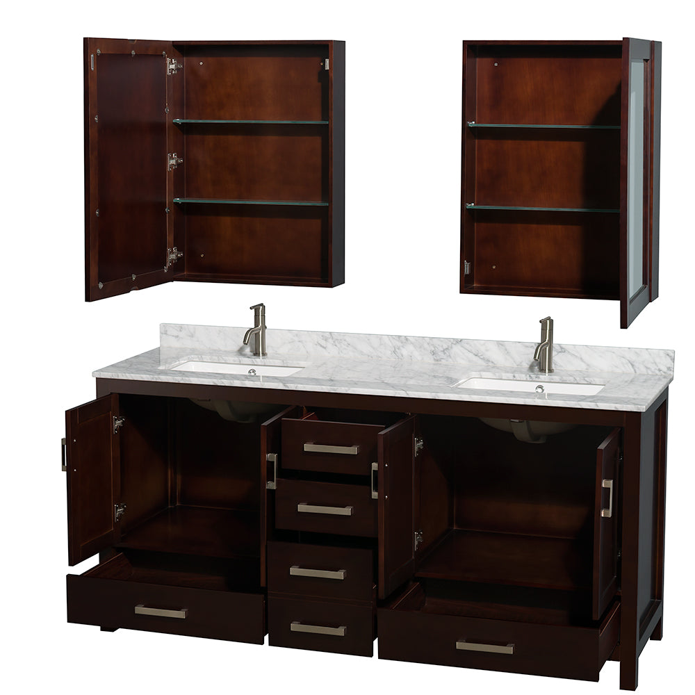 72 inch Double Bathroom Vanity in Espresso, White Carrara Marble Countertop, Undermount Square Sinks, and Medicine Cabinets - Luxe Bathroom Vanities Luxury Bathroom Fixtures Bathroom Furniture