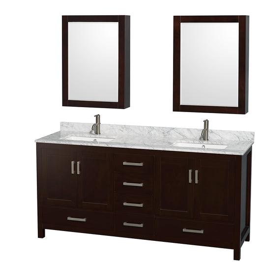 72 inch Double Bathroom Vanity in Espresso, White Carrara Marble Countertop, Undermount Square Sinks, and Medicine Cabinets - Luxe Bathroom Vanities Luxury Bathroom Fixtures Bathroom Furniture