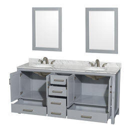 72 inch Double Bathroom Vanity in Gray, White Carrara Marble Countertop, Undermount Oval Sinks, and 24 inch Mirrors - Luxe Bathroom Vanities Luxury Bathroom Fixtures Bathroom Furniture