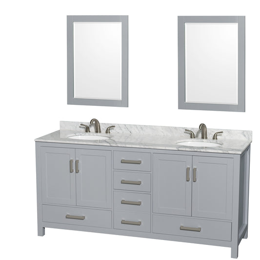72 inch Double Bathroom Vanity in Gray, White Carrara Marble Countertop, Undermount Oval Sinks, and 24 inch Mirrors - Luxe Bathroom Vanities Luxury Bathroom Fixtures Bathroom Furniture