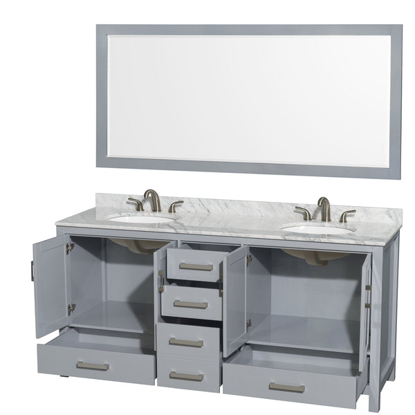 72 inch Double Bathroom Vanity in Gray, White Carrara Marble Countertop, Undermount Oval Sinks, and 70 inch Mirror - Luxe Bathroom Vanities Luxury Bathroom Fixtures Bathroom Furniture