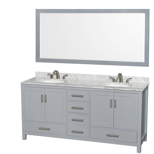 72 inch Double Bathroom Vanity in Gray, White Carrara Marble Countertop, Undermount Oval Sinks, and 70 inch Mirror - Luxe Bathroom Vanities Luxury Bathroom Fixtures Bathroom Furniture