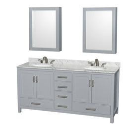 72 inch Double Bathroom Vanity in Gray, White Carrara Marble Countertop, Undermount Oval Sinks, and Medicine Cabinets - Luxe Bathroom Vanities Luxury Bathroom Fixtures Bathroom Furniture