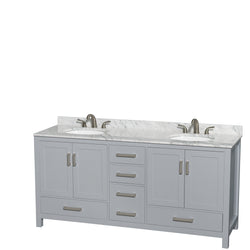 72 inch Double Bathroom Vanity in Gray, White Carrara Marble Countertop, Undermount Oval Sinks, and No Mirror - Luxe Bathroom Vanities Luxury Bathroom Fixtures Bathroom Furniture