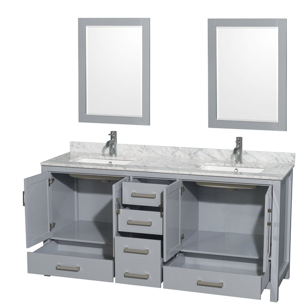 72 inch Double Bathroom Vanity in Gray, White Carrara Marble Countertop, Undermount Square Sinks, and 24 inch Mirrors - Luxe Bathroom Vanities Luxury Bathroom Fixtures Bathroom Furniture