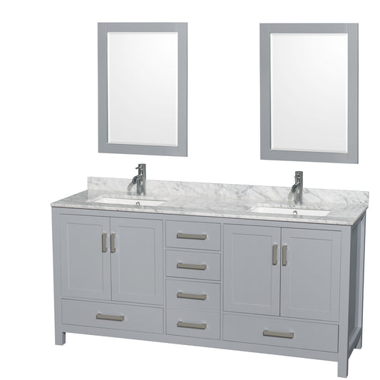 72 inch Double Bathroom Vanity in Gray, White Carrara Marble Countertop, Undermount Square Sinks, and 24 inch Mirrors - Luxe Bathroom Vanities Luxury Bathroom Fixtures Bathroom Furniture