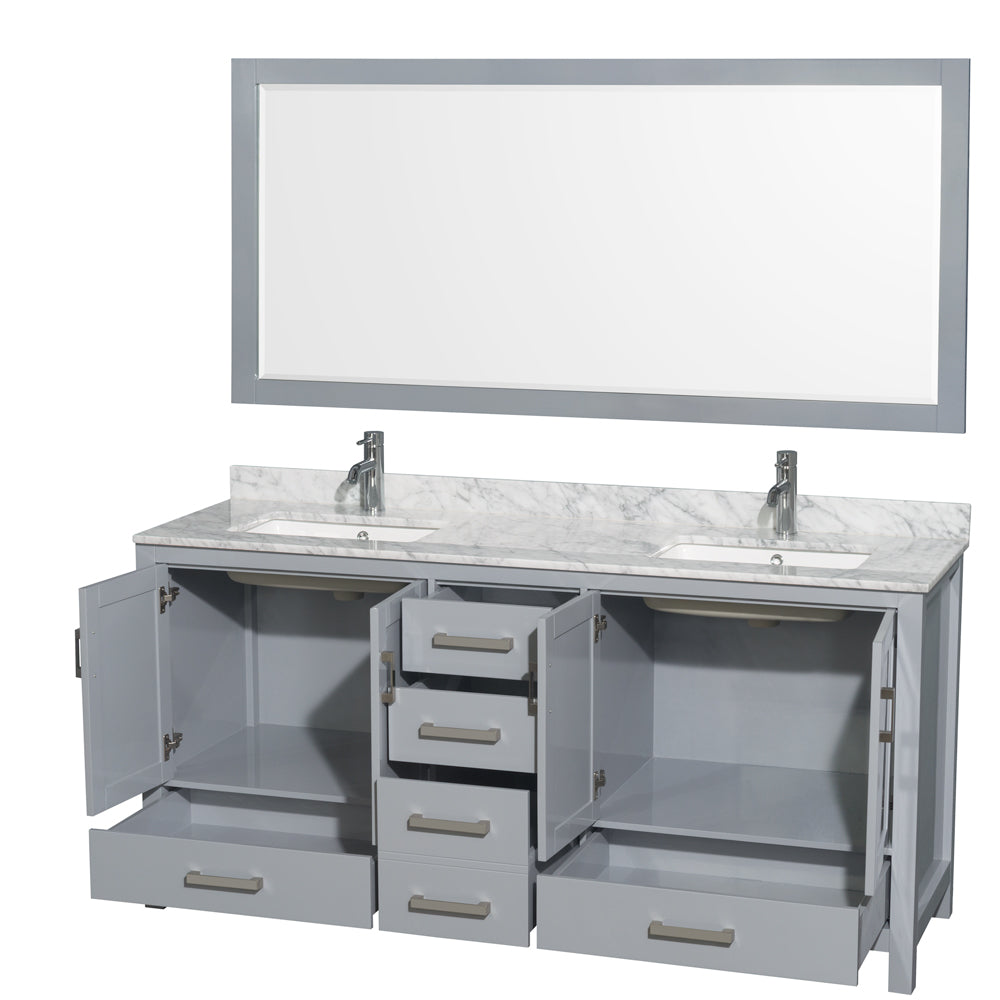 72 inch Double Bathroom Vanity in Gray, White Carrara Marble Countertop, Undermount Square Sinks, and 70 inch Mirror - Luxe Bathroom Vanities Luxury Bathroom Fixtures Bathroom Furniture