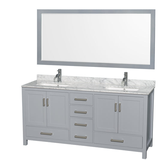 72 inch Double Bathroom Vanity in Gray, White Carrara Marble Countertop, Undermount Square Sinks, and 70 inch Mirror - Luxe Bathroom Vanities Luxury Bathroom Fixtures Bathroom Furniture