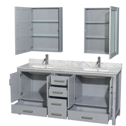 72 inch Double Bathroom Vanity in Gray, White Carrara Marble Countertop, Undermount Square Sinks, and Medicine Cabinets - Luxe Bathroom Vanities Luxury Bathroom Fixtures Bathroom Furniture