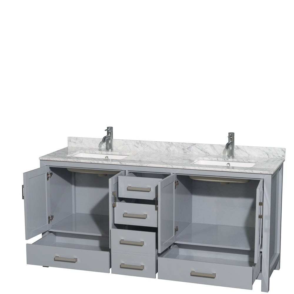 72 inch Double Bathroom Vanity in Gray, White Carrara Marble Countertop, Undermount Square Sinks, and No Mirror - Luxe Bathroom Vanities Luxury Bathroom Fixtures Bathroom Furniture