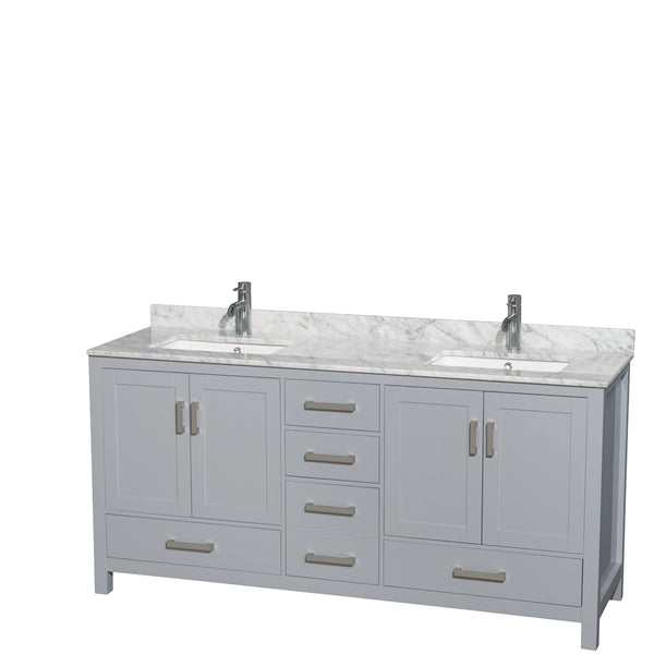 72 inch Double Bathroom Vanity in Gray, White Carrara Marble Countertop, Undermount Square Sinks, and No Mirror - Luxe Bathroom Vanities Luxury Bathroom Fixtures Bathroom Furniture