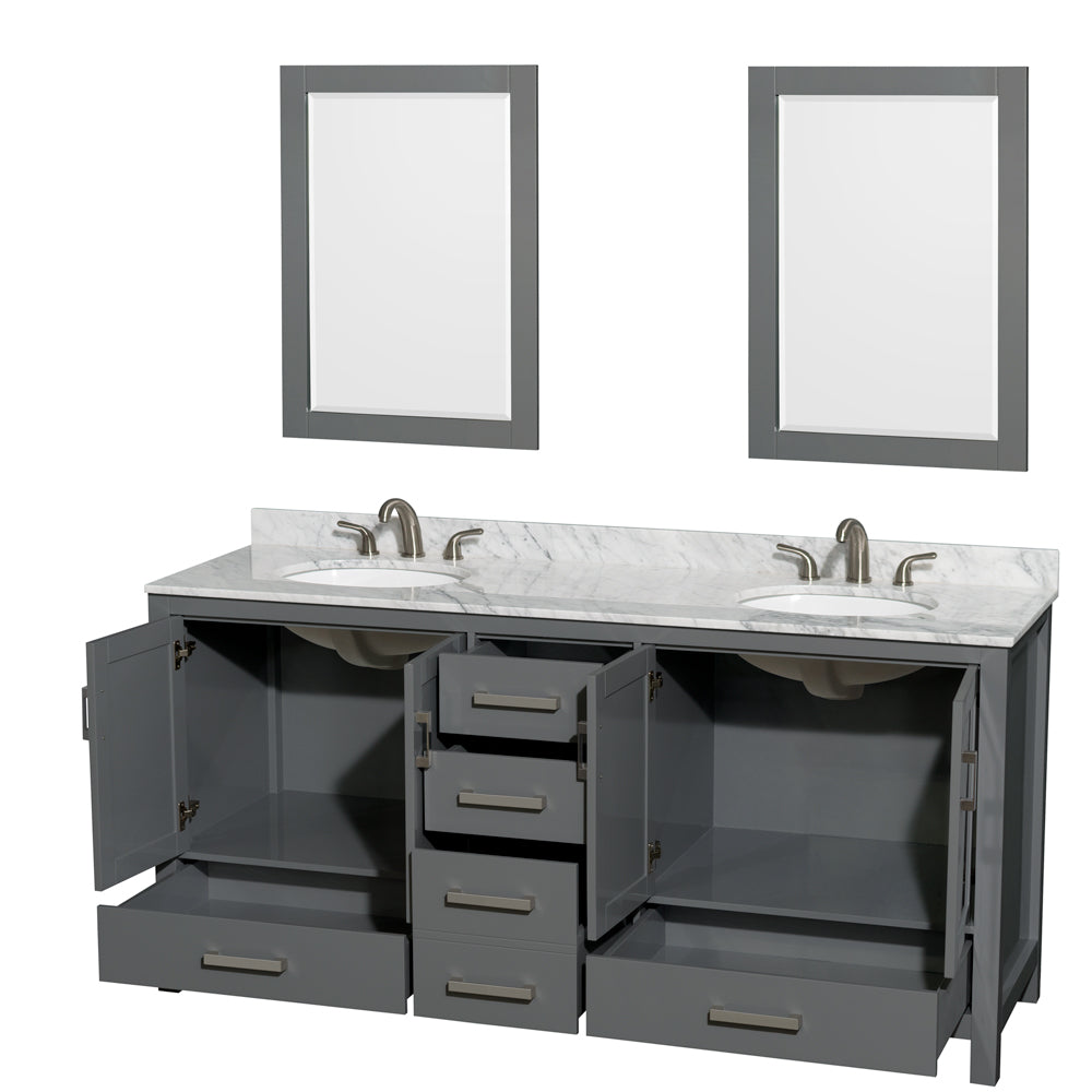 72 inch Double Bathroom Vanity in Dark Gray, White Carrara Marble Countertop, Undermount Oval Sinks, and 24 inch Mirrors - Luxe Bathroom Vanities Luxury Bathroom Fixtures Bathroom Furniture