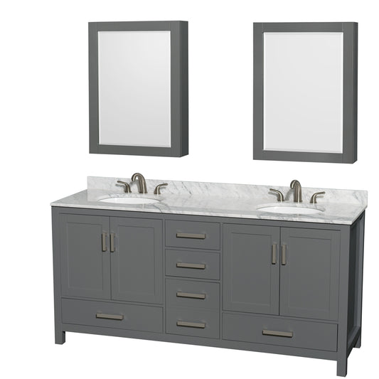 72 inch Double Bathroom Vanity in Dark Gray, White Carrara Marble Countertop, Undermount Oval Sinks, and Medicine Cabinets - Luxe Bathroom Vanities Luxury Bathroom Fixtures Bathroom Furniture
