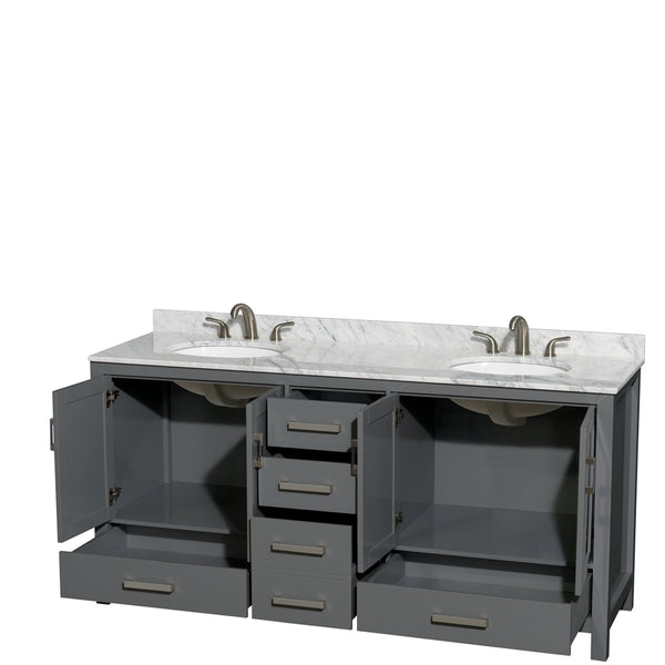 72 inch Double Bathroom Vanity in Dark Gray, White Carrara Marble Countertop, Undermount Oval Sinks, and No Mirror - Luxe Bathroom Vanities Luxury Bathroom Fixtures Bathroom Furniture