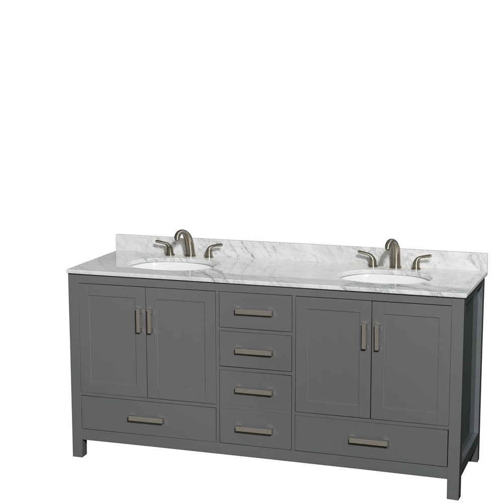 72 inch Double Bathroom Vanity in Dark Gray, White Carrara Marble Countertop, Undermount Oval Sinks, and No Mirror - Luxe Bathroom Vanities Luxury Bathroom Fixtures Bathroom Furniture