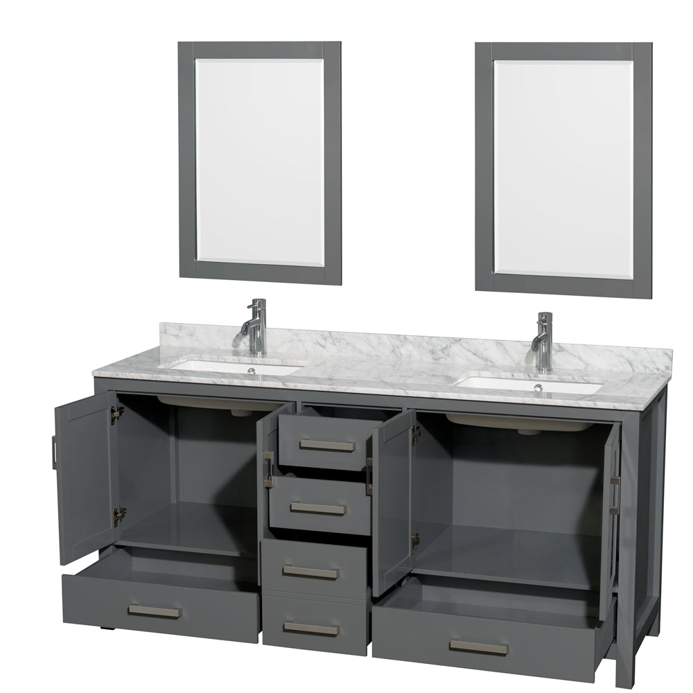 72 inch Double Bathroom Vanity in Dark Gray, White Carrara Marble Countertop, Undermount Square Sinks, and 24 inch Mirrors - Luxe Bathroom Vanities Luxury Bathroom Fixtures Bathroom Furniture