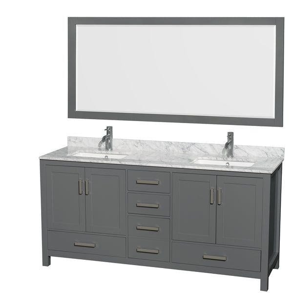 72 inch Double Bathroom Vanity in Dark Gray, White Carrara Marble Countertop, Undermount Square Sinks, and 70 inch Mirror - Luxe Bathroom Vanities Luxury Bathroom Fixtures Bathroom Furniture