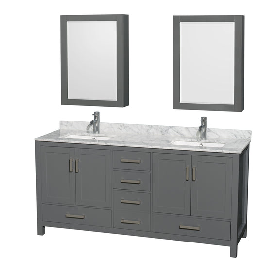 72 inch Double Bathroom Vanity in Dark Gray, White Carrara Marble Countertop, Undermount Square Sinks, and Medicine Cabinets - Luxe Bathroom Vanities Luxury Bathroom Fixtures Bathroom Furniture