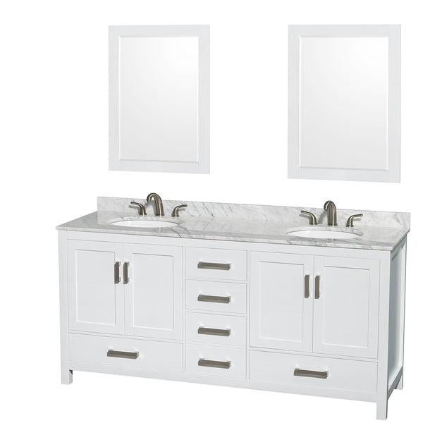 72 inch Double Bathroom Vanity in White, White Carrara Marble Countertop, Undermount Oval Sinks, and 24 inch Mirrors - Luxe Bathroom Vanities Luxury Bathroom Fixtures Bathroom Furniture