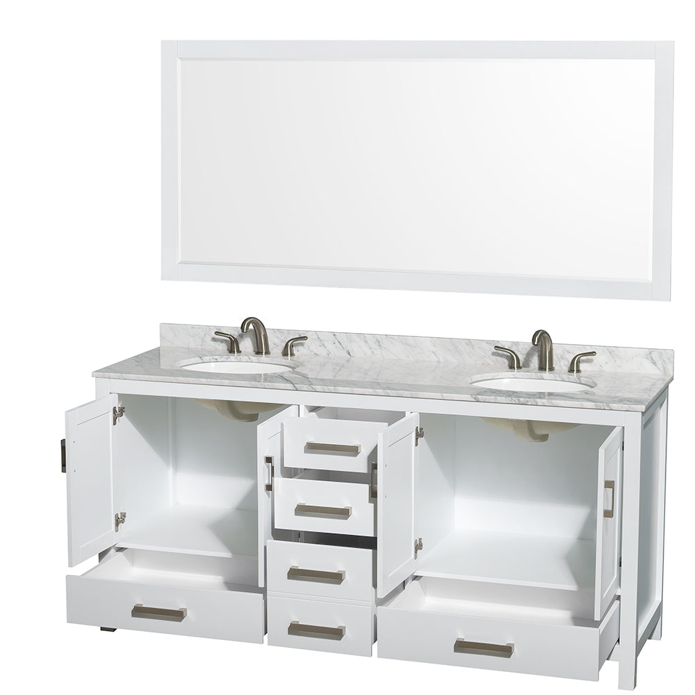 72 inch Double Bathroom Vanity in White, White Carrara Marble Countertop, Undermount Oval Sinks, and 70 inch Mirror - Luxe Bathroom Vanities Luxury Bathroom Fixtures Bathroom Furniture