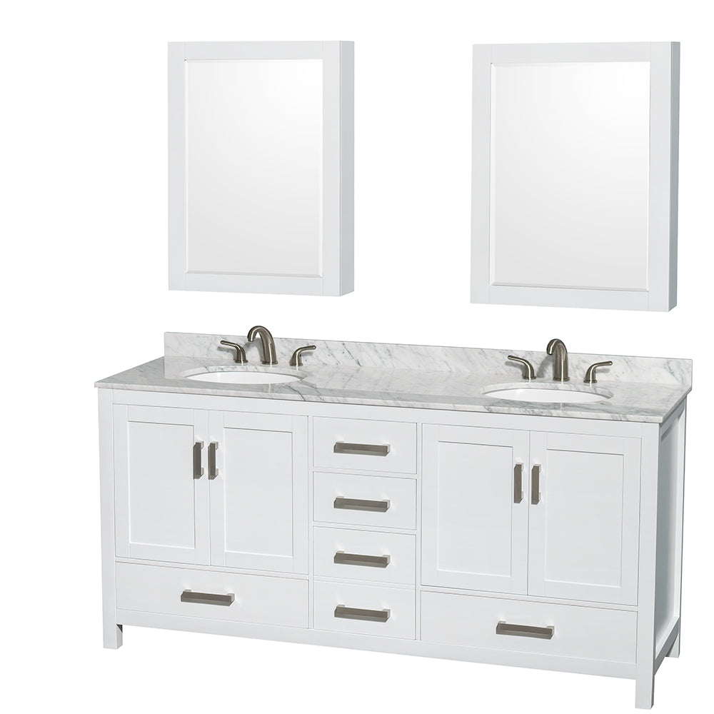 72 inch Double Bathroom Vanity in White, White Carrara Marble Countertop, Undermount Oval Sinks, and Medicine Cabinets - Luxe Bathroom Vanities Luxury Bathroom Fixtures Bathroom Furniture