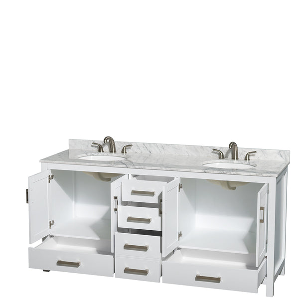 72 inch Double Bathroom Vanity in White, White Carrara Marble Countertop, Undermount Oval Sinks, and No Mirror - Luxe Bathroom Vanities Luxury Bathroom Fixtures Bathroom Furniture