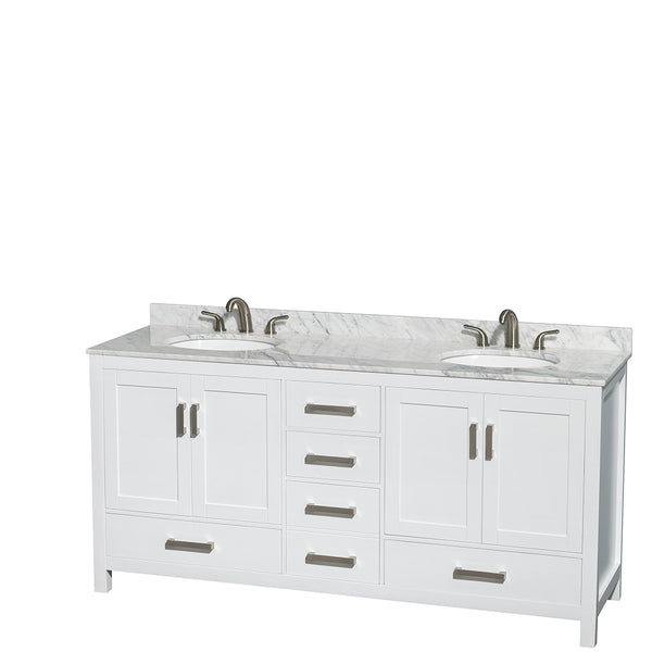 72 inch Double Bathroom Vanity in White, White Carrara Marble Countertop, Undermount Oval Sinks, and No Mirror - Luxe Bathroom Vanities Luxury Bathroom Fixtures Bathroom Furniture