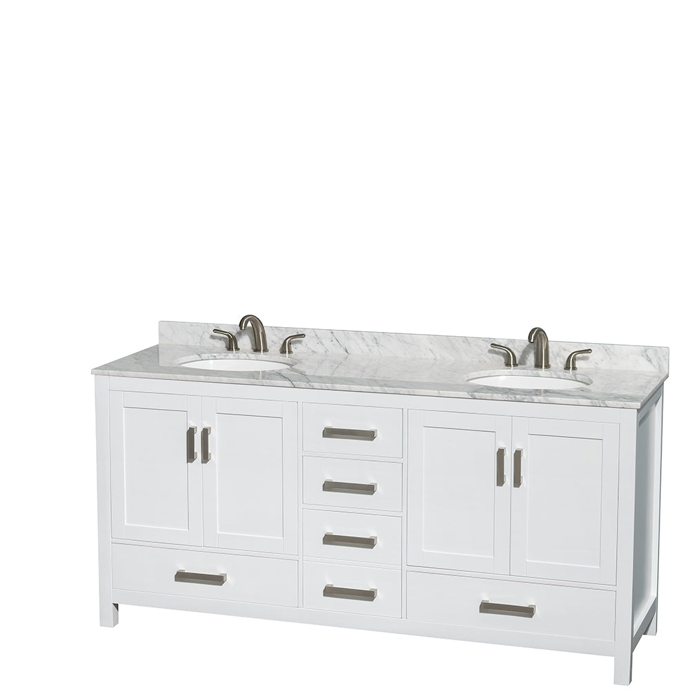 72 inch Double Bathroom Vanity in White, White Carrara Marble Countertop, Undermount Oval Sinks, and 70 inch Mirror - Luxe Bathroom Vanities Luxury Bathroom Fixtures Bathroom Furniture