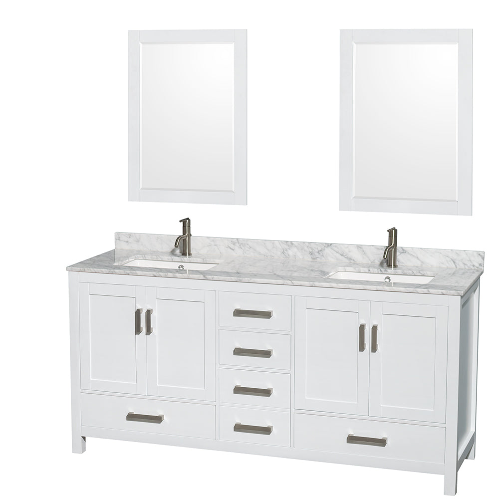 72 inch Double Bathroom Vanity in White, White Carrara Marble Countertop, Undermount Square Sinks, and 24 inch Mirrors - Luxe Bathroom Vanities Luxury Bathroom Fixtures Bathroom Furniture