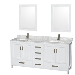 72 inch Double Bathroom Vanity in White, White Carrara Marble Countertop, Undermount Square Sinks, and 24 inch Mirrors - Luxe Bathroom Vanities Luxury Bathroom Fixtures Bathroom Furniture