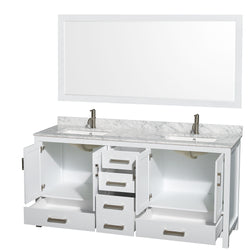72 inch Double Bathroom Vanity in White, White Carrara Marble Countertop, Undermount Square Sinks, and 70 inch Mirror - Luxe Bathroom Vanities Luxury Bathroom Fixtures Bathroom Furniture