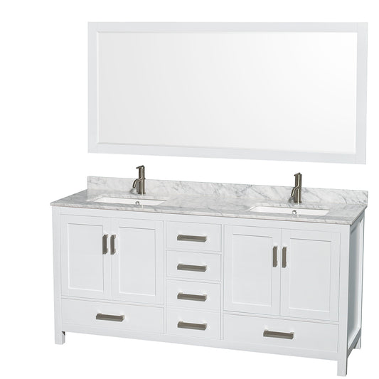 72 inch Double Bathroom Vanity in White, White Carrara Marble Countertop, Undermount Square Sinks, and 70 inch Mirror - Luxe Bathroom Vanities Luxury Bathroom Fixtures Bathroom Furniture