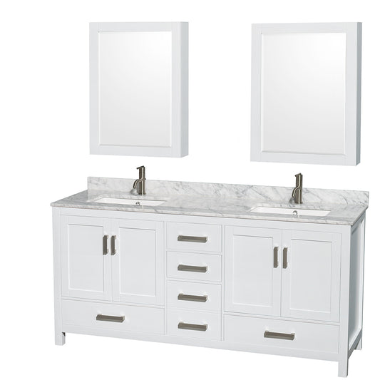 72 inch Double Bathroom Vanity in White, White Carrara Marble Countertop, Undermount Square Sinks, and Medicine Cabinets - Luxe Bathroom Vanities Luxury Bathroom Fixtures Bathroom Furniture