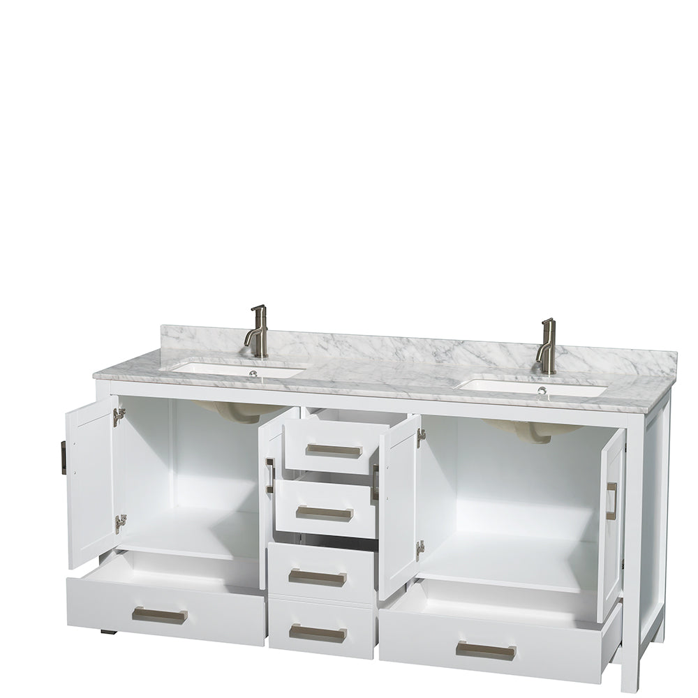 72 inch Double Bathroom Vanity in White, White Carrara Marble Countertop, Undermount Square Sinks, and No Mirror - Luxe Bathroom Vanities Luxury Bathroom Fixtures Bathroom Furniture