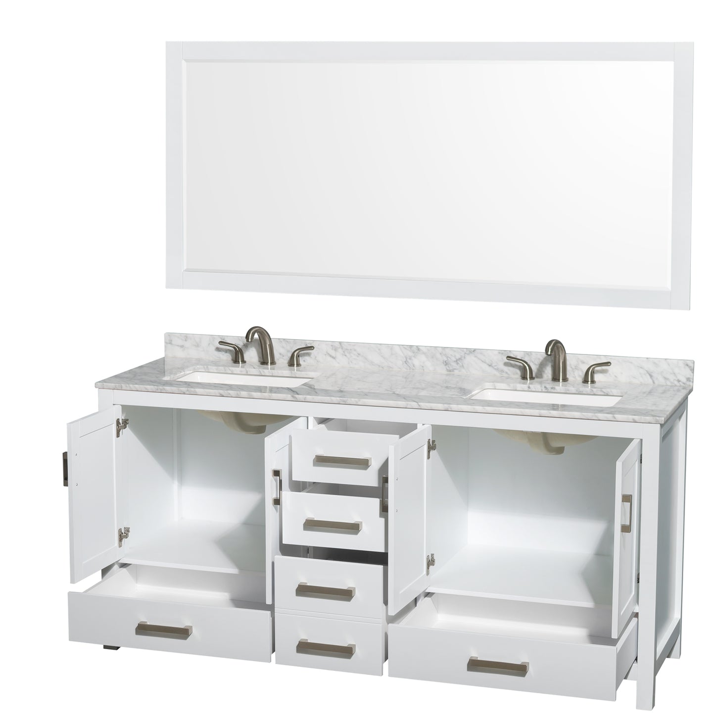 72 Inch Double Bathroom Vanity in White, White Carrara Marble Countertop, Undermount 3-Hole Square Sinks, 70 Inch Mirror - Luxe Bathroom Vanities Luxury Bathroom Fixtures Bathroom Furniture